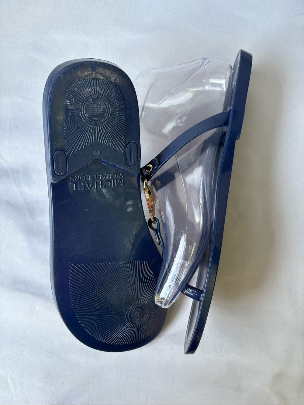 Michael Kors Navy Jelly Thong Sandals with Gold MK Logo Size 8 - Picture 5 of 9